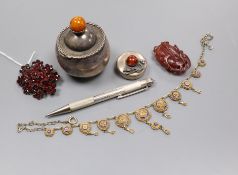 A QEII commemorative silver pen, two small 925 boxes, garnet brooch, gilt necklace and hardstone