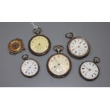 Five assorted continental white metal pocket/fob watches and a 9k wrist watch(a.f.).