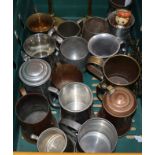 A quantity of copper/pewter tankards, miners lamps etc