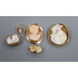 A group of cameo jewellery, including three mounted brooches, one 585 and one 9ct, a 585 ring and