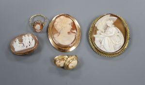 A group of cameo jewellery, including three mounted brooches, one 585 and one 9ct, a 585 ring and