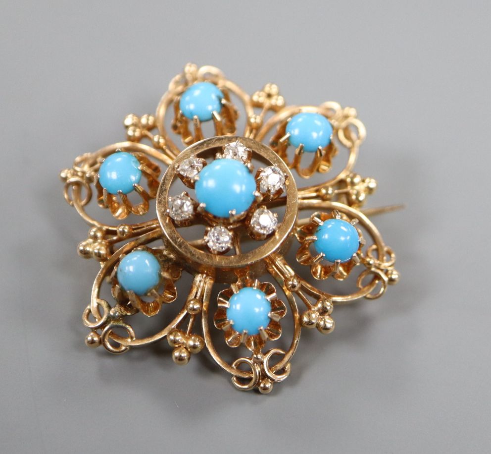 A 585 pierced yellow metal, turquoise and diamond set flower head brooch, 32mm.
