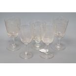 Five glasses etched with hunting scenes tallest 20cm