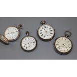 Four assorted silver/white metal pocket watches including a hunter.