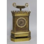 A French silk suspension bronze castellated novelty clock