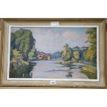 G Chabernaud, oil on board, French river landscape, signed 31 x 53cm