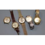 Five assorted gentleman's wrist watches including Mondaine and Excalibur.