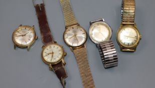 Five assorted gentleman's wrist watches including Mondaine and Excalibur.