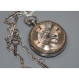A Victorian silver keywind open face pocket watch, by Sully of Nottingham, on a white metal albert.