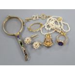 An enamelled gilt lorgnette, seed pearl necklace, 9ct gold and enamel masonic ring and sundry