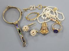 An enamelled gilt lorgnette, seed pearl necklace, 9ct gold and enamel masonic ring and sundry