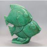 An Art Deco French green glazed model of fish, signed Lejan H.37cm