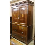 An Edwardian mahogany and satinwood banded linen press W.128cm
