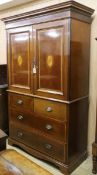 An Edwardian mahogany and satinwood banded linen press W.128cm