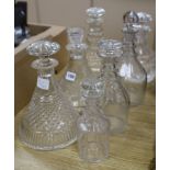 Seven various cut glass decanters