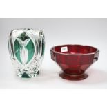 A ruby glass bowl and an overlaid green vase