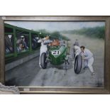 Max Brandrett, oil on canvas, Motor racing pitstop, signed 60 x 90cm