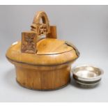 A 19th century Tibetan or Chinese silver mounted alms bowl and a Chinese pine lunch picnic box