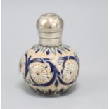 A Doulton Lambeth silver-topped globular perfume bottle, by Frances E Lee, dated 1879, the pump