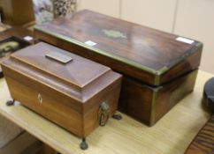 A Victorian rosewood writing slope and a tea caddy