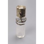 An Edwardian silver mounted glass scent bottle with serpent collar and cabochon button, Levi &