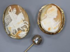 A yellow metal mounted oval cameo brooch, one other cameo brooch and a stick pin.