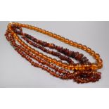 Three assorted clear amber bead necklaces.