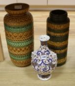 Two German pottery vases and a Japanese vase Tallest 46cm
