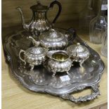 A five piece plated tea and coffee service and a two handled plated tea tray