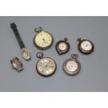 Five assorted pocket/fob watches including silver and two paste set wrist watches.