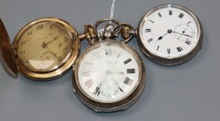 A late Victorian silver pocket watch, one other silver pocket watch and a gold plated pocket watch.