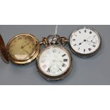 A late Victorian silver pocket watch, one other silver pocket watch and a gold plated pocket watch.