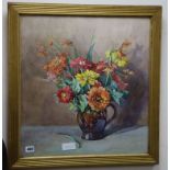 Beryl Matchwick, watercolour, Still life of flowers in a jug, signed 52 x 49cm