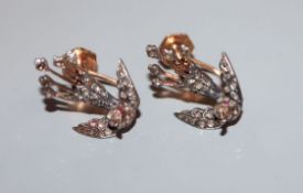 A pair of Victorian yellow metal and rose cut diamond set 'swallow' ear clips (adapted), 19mm.