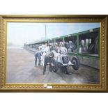 Max Brandrett, oil on canvas, Vintage motor racing pitstop, signed 60 x 90cm