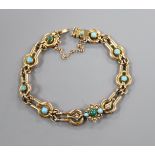 An Edwardian 9ct, turquoise and seed pearl set bracelet.