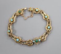 An Edwardian 9ct, turquoise and seed pearl set bracelet.