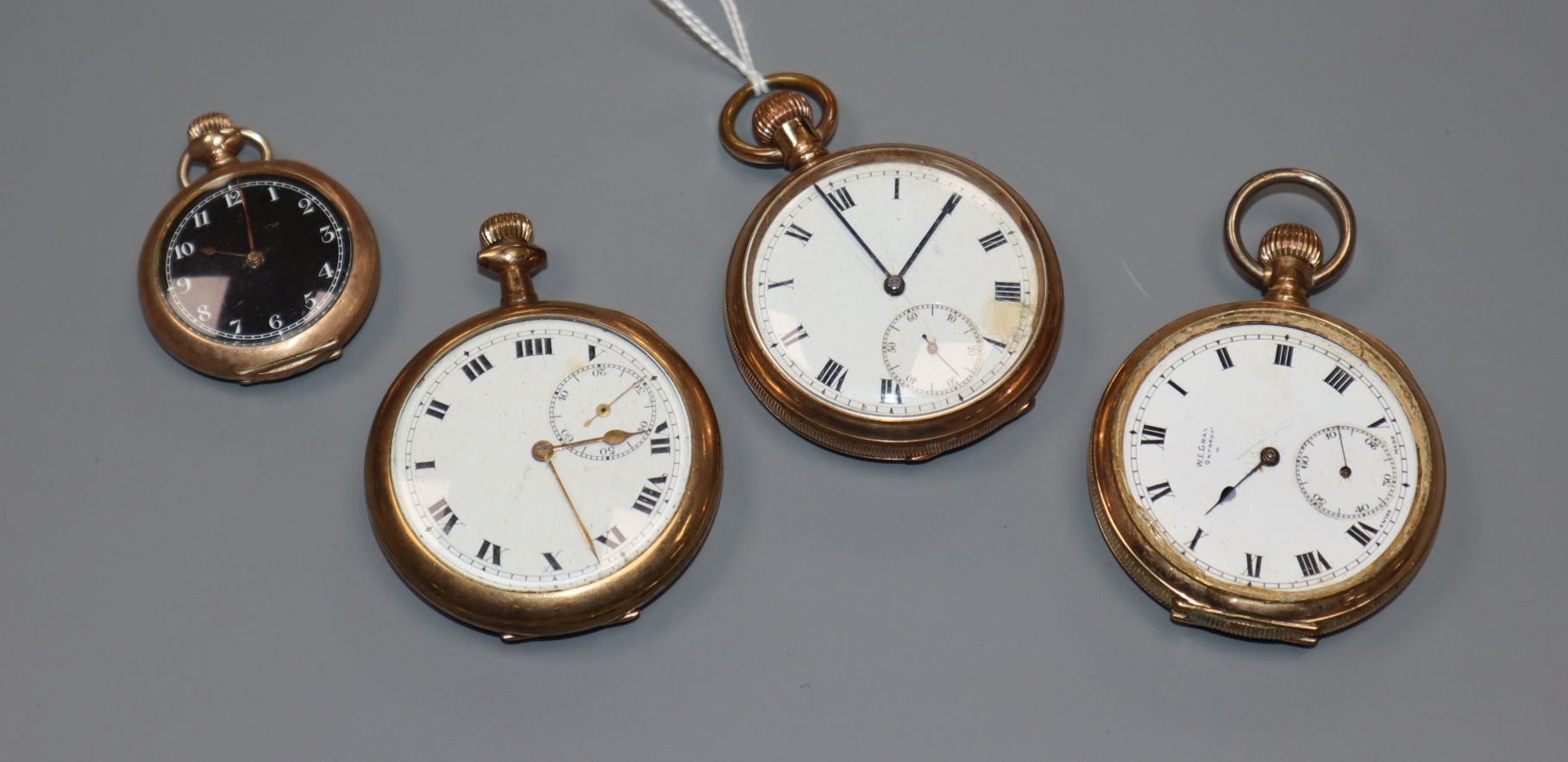 Four assorted gold plated pocket watches.