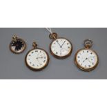 Four assorted gold plated pocket watches.