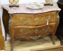 A Louis XV design marquetry inlaid marble top bombe commode W.122cm