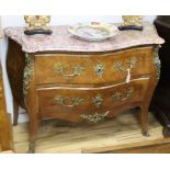 A Louis XV design marquetry inlaid marble top bombe commode W.122cm