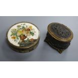 A 19th century painted ivory circular snuff box and a patinated copper trinket box (2) Snuff box