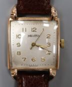 A gentleman's stylish 14k Helvetia manual wind wrist watch, with square Arabic dial and raised lugs,