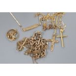 Six assorted 9ct chains or pendant necklaces, a 9ct gold charm, a 9ct bracelet and a 10k identity