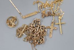 Six assorted 9ct chains or pendant necklaces, a 9ct gold charm, a 9ct bracelet and a 10k identity