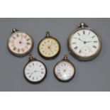 Five assorted silver/white metal pocket/fob watches.