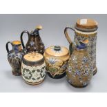 Four Royal Doulton Lambeth jugs and two jars with covers