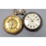 A ladys' 12K yellow metal engraved open face pocket watch and a similar silver watch