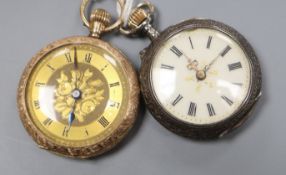 A ladys' 12K yellow metal engraved open face pocket watch and a similar silver watch