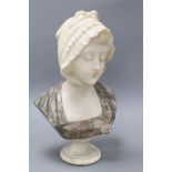 A French 19th century alabaster and grey marble bust of a girl, signed Currine - Pugi H.45cm